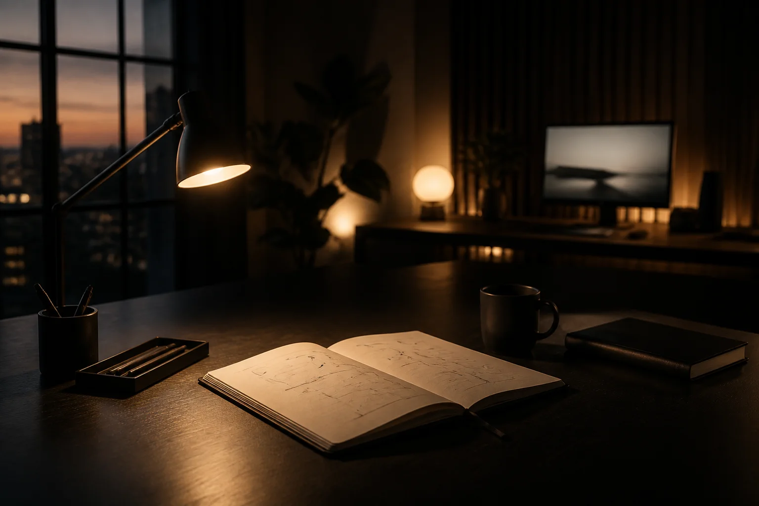 A warmly lit studio desk with an open notebook and lamp.