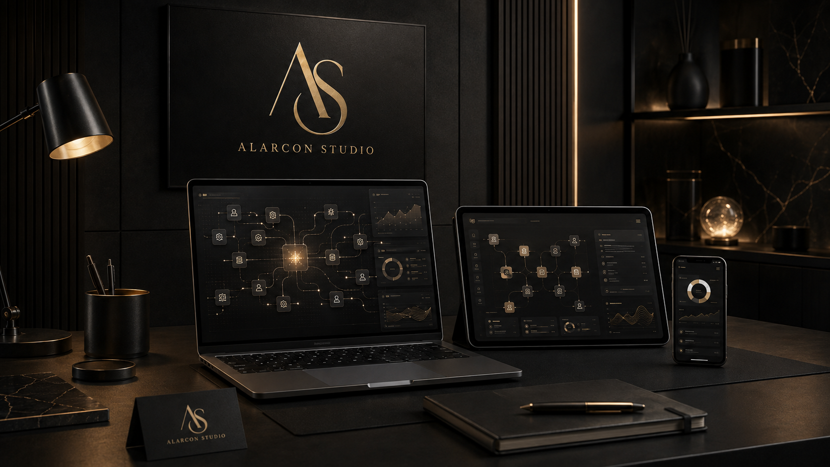 A dark Alarcon Studio workspace with a lamp, logo, laptop, tablet, phone, and pen.