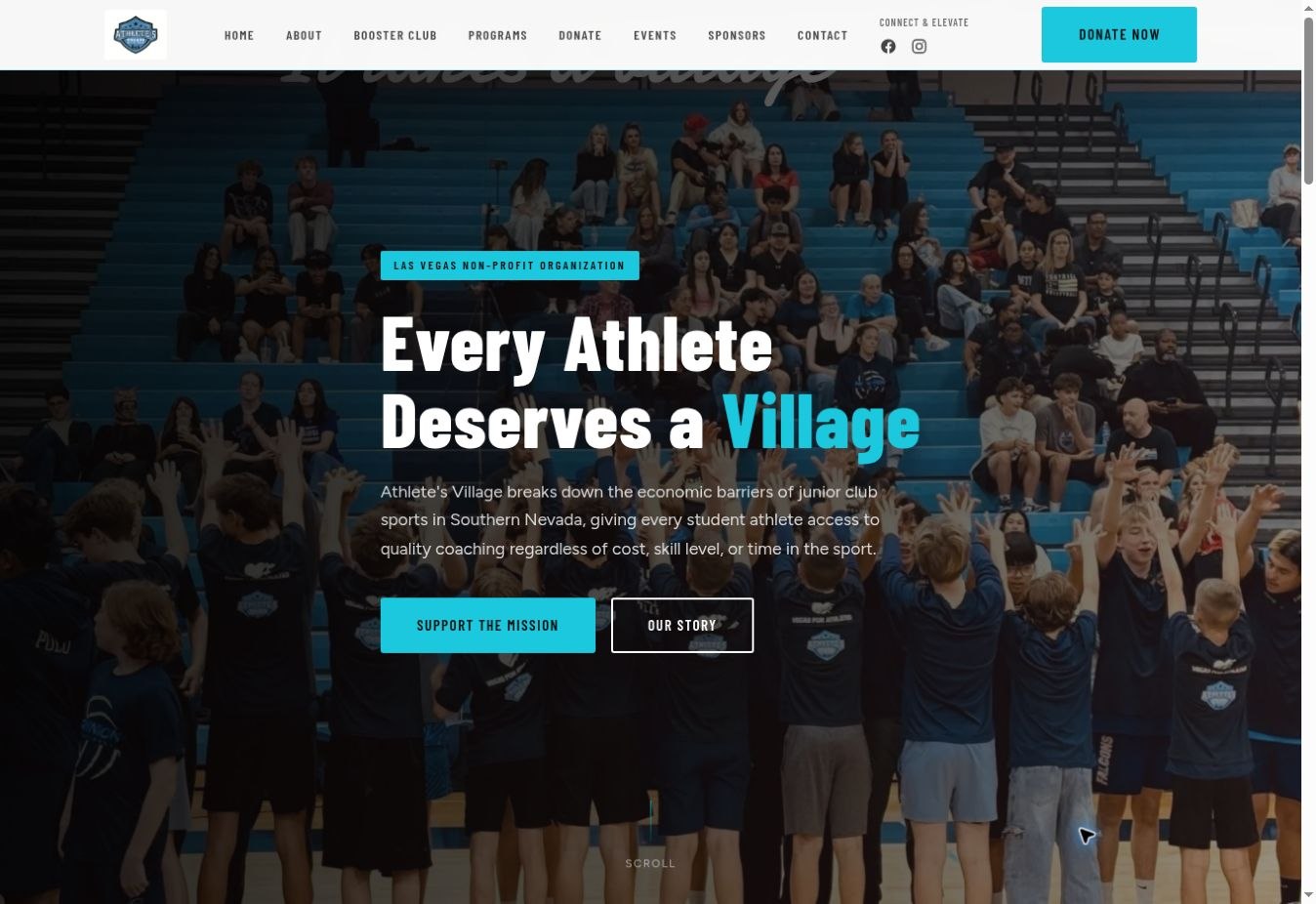 Redesigned Athlete's Village homepage centered on the statement Every Athlete Deserves a Village