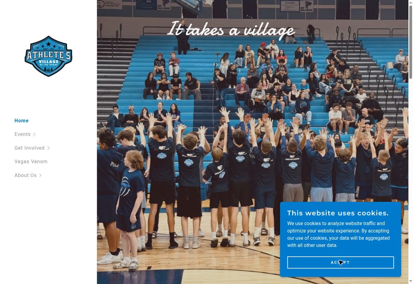 Original Athlete's Village homepage with navigation taking priority over the mission